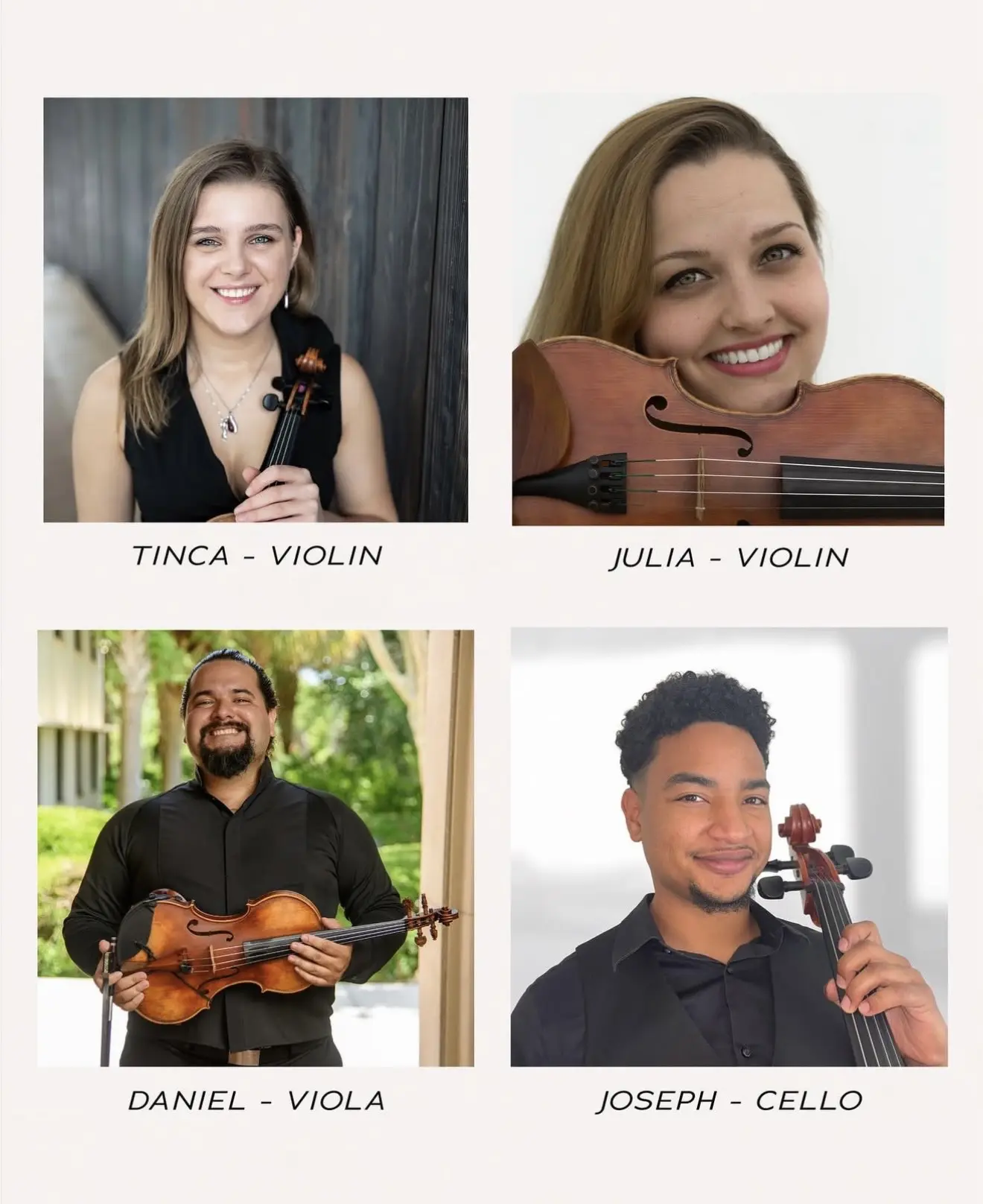 Four violinists posing with their violins in a collage.